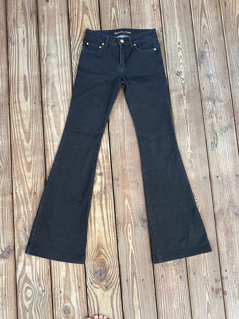 MICHAEL Michael Kors Black Stretch Flare Jeans Gold Hardware 00